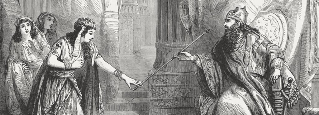 Image drawing of Queen Esther stooping before the King who has a staff extended out from his right hand to touch Esther